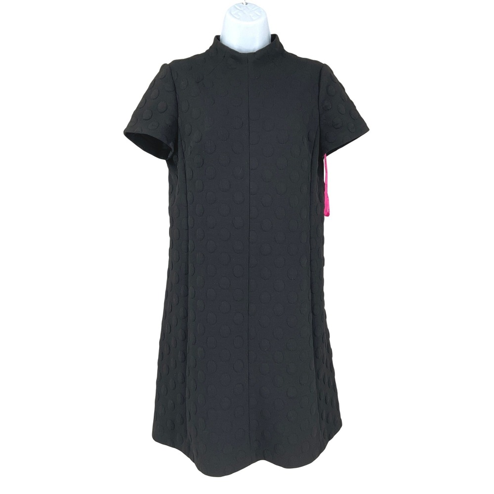 Betsey Johnson Shift Mini Dress Womens 6 Black Polka Dot Jacquard Cocktail Retro